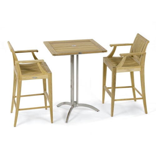  70637 Laguna Vogue Square Bar Set of a teak and stainless steel 30 inch square bar table and 2 teak barstools with armrests side view on white background