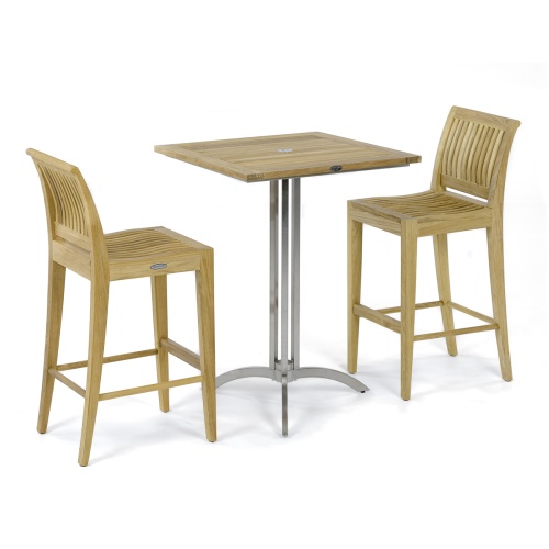 70638 Laguna Vogue 3 piece Teak Square Bar Set of 36 inch square teak and stainless steel bar table and 2 teak side barstools on white background