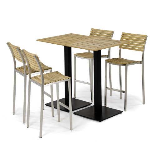 70640 Vogue 3 piece Bar Set showing 2 bar sets of 4 teak and stainless steel high bar stools and 2 rectangular bar table on white background