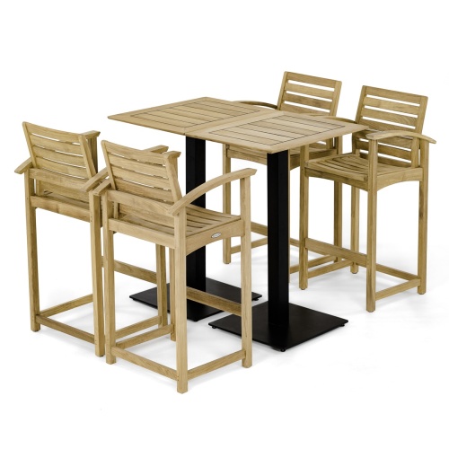 70641 Somerset Vogue barstool Bar Set showing 2 bar sets with 4 teak barstools with armrests and 2 teak and stainless steel rectangular bar tables on white background