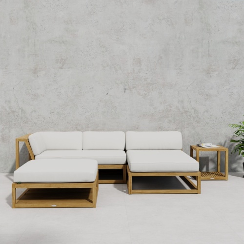 70658 Maya 4pc Lounge Set of Maya Right Side and Daybed Sectionals and Ottoman Coffee Table and Side Table with opened magazine on top on patio against a wall with potted plant