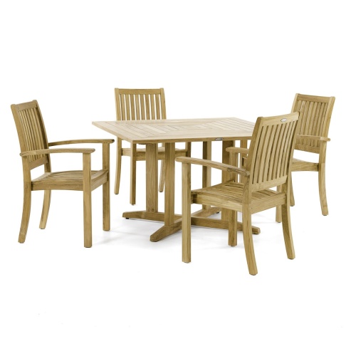 70685 Sussex Pyramid 5 piece Dining Set of 4 teak armchairs and a 48 inch square dining table angled side view on white background
