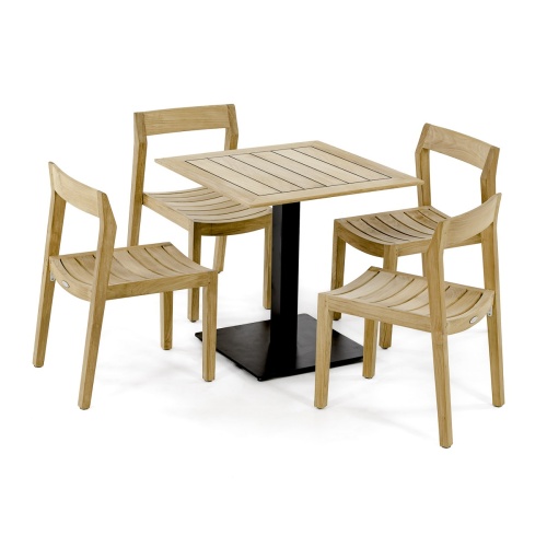 70695 Vogue Horizon 5 piece Cafe Set of 4 teak chairs and a 30 inch square teak and steel table angled view on white background