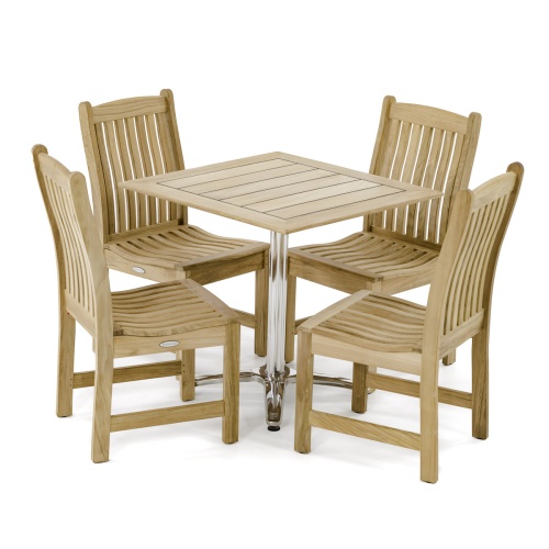 70697 Veranda teak and stainless steel 5 piece Dinette Set of 4 teak side chairs and a teak and stainless steel 30 inch square dining table on white background