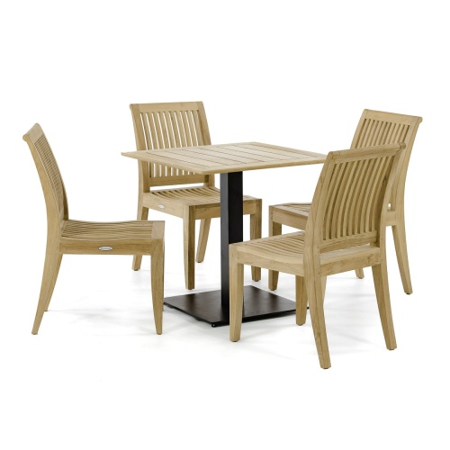 70698 Laguna 5 piece Cafe Set of 4 teak side chairs and a 30 inch square teak dining table angled side view on white background