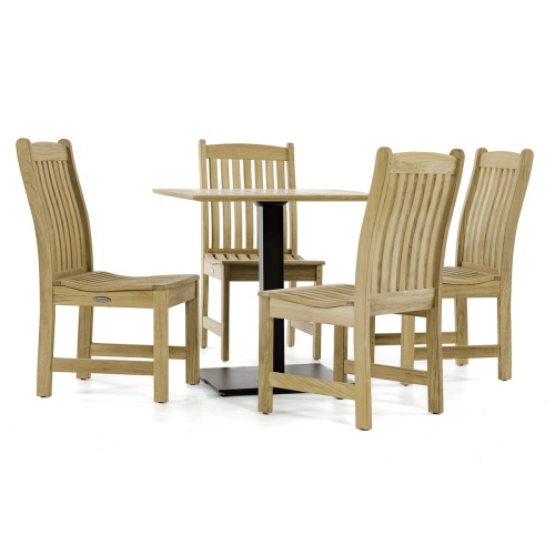 70699 Veranda 5pc Cafe Set of 4 teak dining side chairs and a 30 inch square teak dining table angled side view on white background