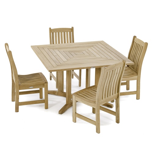 70709 Veranda Pyramid 5 piece Bistro Dining Set of 4 teak side chairs and teak 48 inch square dining table angled on white background