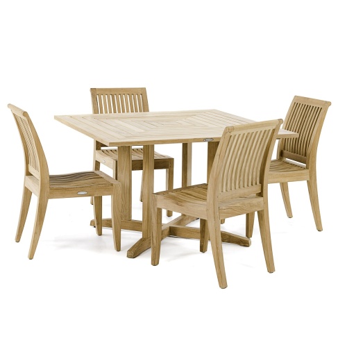 70711 Laguna Pyramid 5 piece Dining Set of 4 teak side chairs and 48 inch square dining table angled view on white background