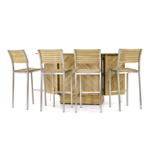 70717 Somerset Vogue Bar Set opened front view with 4 teak and stainless steel bar stools on white background