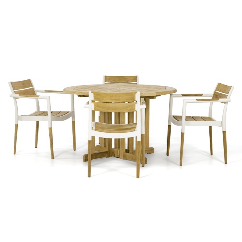 70734 Barbuda Bloom Dining Set of 4 Bloom teak and aluminum powder coated dining chairs and Teak 48 inch Round Folding Dining Table side view on white background 