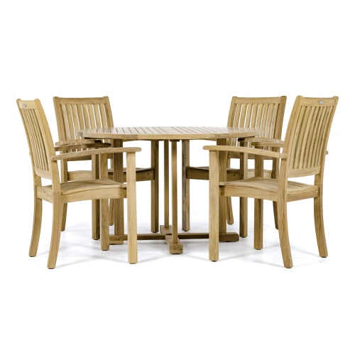 70737 Sussex teak Round Dining Set angled top view with 4 armchairs and round 48 inch diameter round dining table side view on white background