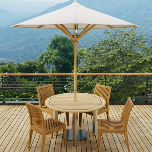 70739  Vogue Laguna 4 foot Round Dining Set with optional umbrella in table center in angled view on wood deck with mountain views in background