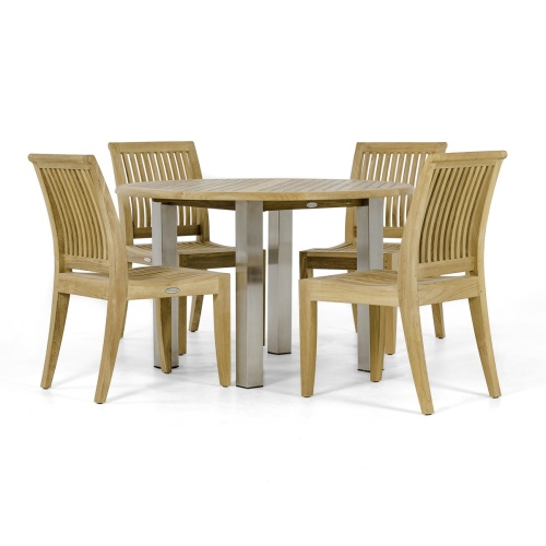 70739 Vogue Laguna teak and stainless steel round Dining Set of a teak and stainless steel 48 inch diameter round dining table and 4 teak side chairs side view on a white background