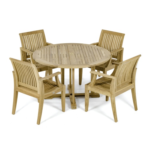 70746 Laguna round Dining Set of 4 teak armchairs and round 48 inch diameter angled side view on white background