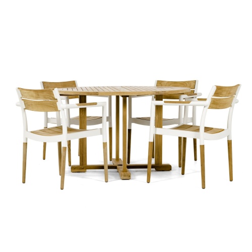  70748 Round Bloom Teak Dining Set of 4 teak and white powder coated aluminum dining side chairs and 48 inch round teak dining table side view on white background