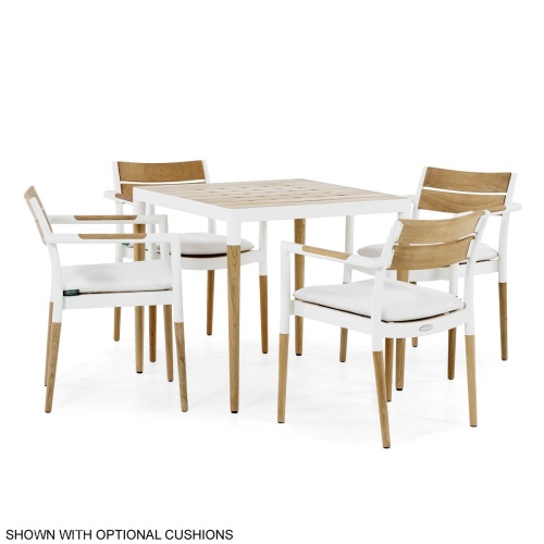 70750 Bloom 5 piece teak top Dining Set of 4 teak and white powder coated aluminum dining armchairs with optional cushions and 36 inch square teak top dining table on white background 