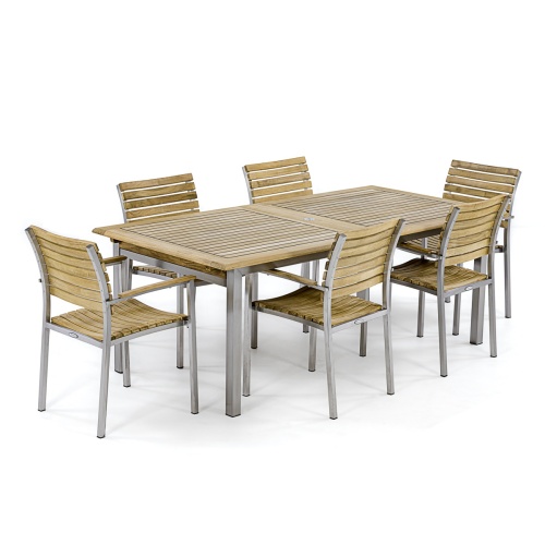 70756 Vogue teak and stainless steel 7 piece Armchair Dining Set of rectangular extendable dining table and 6 armchairs angled view on white background