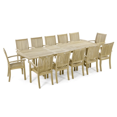 70757 Sussex Veranda teak 13 piece dining set of 12 armchairs and rectangular extension dining table angled on white background
