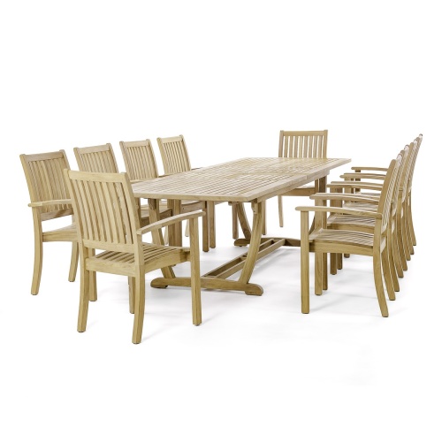 70758 Sussex Veranda 11 piece teak dining set of 10 teak dining armchairs and rectangular dining table end angled view on white background