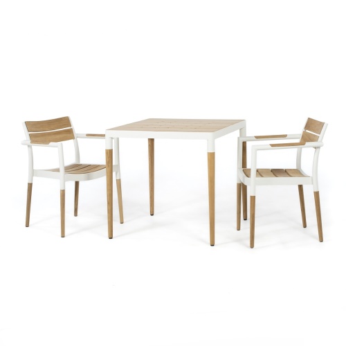 70761 Bloom 3 pc Dining Set of 2 teak and powdered coated aluminum chairs and a  36 inch square bistro dining table on white background