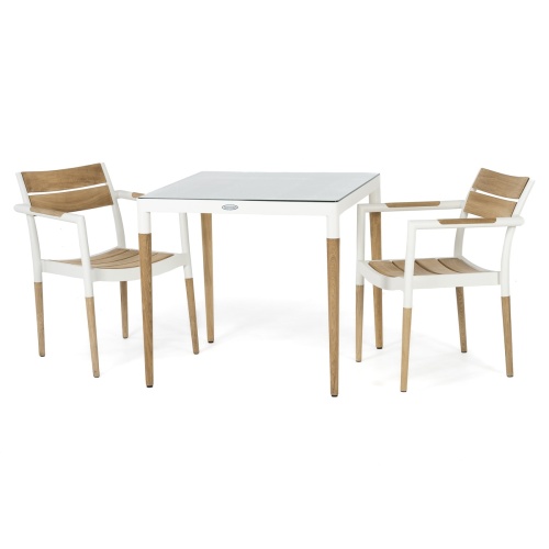 70762 Bloom 3 piece Dinette Set of 32 inch square teak and powder coated aluminum bistro table with glass top and 2 teak and powder coated aluminum armchairs on white background 