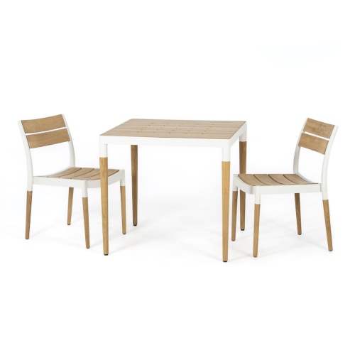 70764 Bloom Bistro 3 piece Set of a 32 inch square teak powder coated aluminum bistro table and 2 teak powder coated aluminum side chairs on white background