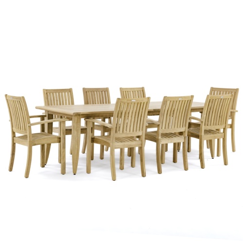 70774 Laguna Sussex 9 piece teak Dining Set of 8 teak armchairs and teak 11 foot rectangle dining table side angled on white background