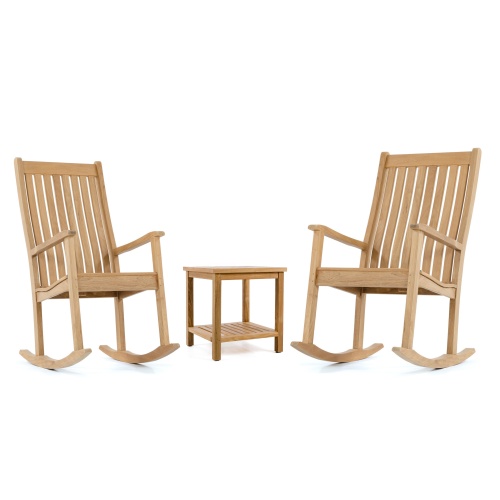 70777 veranda rocker chat set of two teak rocking chair and teak side table on white background