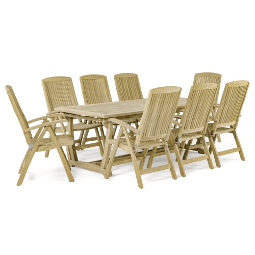 70796 Teak 9 piece Reclining Dining Set of 8 reclining teak dining chairs and teak extendable rectangular dining table angled view on a white background 