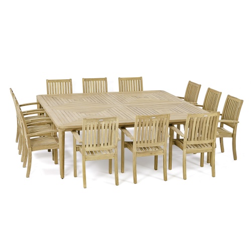 70802 Pyramid Sussex 13 piece Dining Set of 12 Sussex Dining Armchairs and an 8 foot square teak dining table side angled view on white background