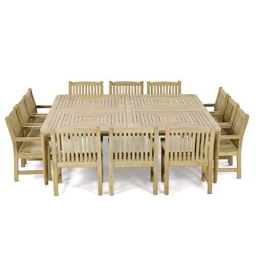 70803 Pyramid 13 piece 8 foot Square Teak Dining Set of 12 Veranda Side Chairs and 8 foot square dining table side view on white background