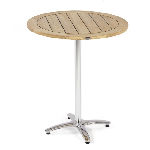 70806 Vogue Teak and Stainless Steel 36 inch Round High Bar Table angled side view on white background