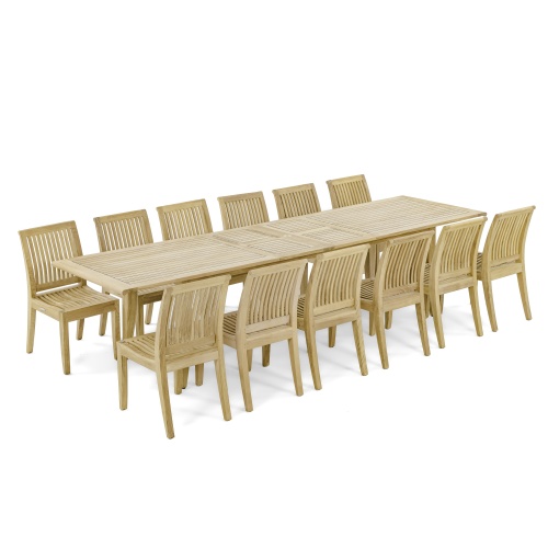70810 Grand Laguna 15 piece teak Dining Set of 14 dining armchair and rectangular 11 foot extendable dining table side angled on white background