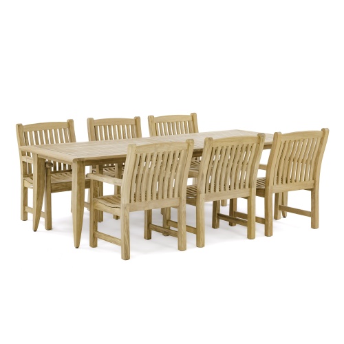 70815 Laguna Veranda 7 piece teak Dining Set of 6 teak dining armchairs and rectangular extendable dining table side angled view on white background