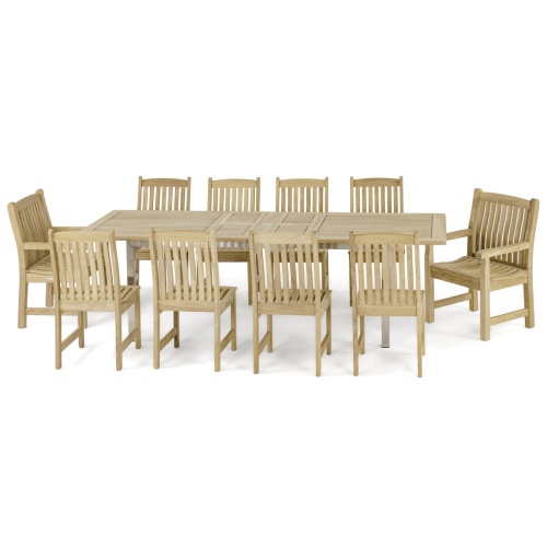 70826 Vogue Veranda thirteen piece Dining Set of 2 teak dining armchairs 10 side chairs and rectangular teak and stainless steel dining table side view on white background