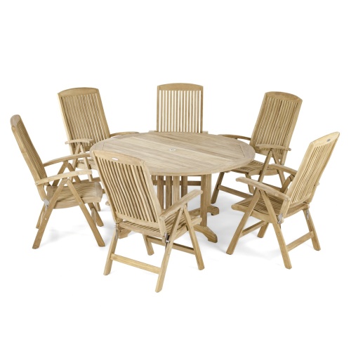 70843 Barbuda Recliner 7 piece Teak Dining Set angled view on white background
