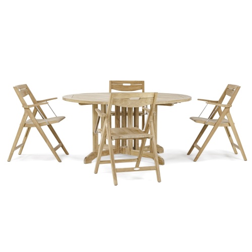 70845 Barbuda Surf 5 piece folding round Dining Set of 4 teak folding chairs and round folding table side view on white background