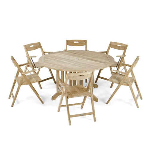 70846 Barbuda Surf 7 piece 60 inch diameter round folding Dining Set angled aerial view on white background