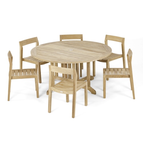 70847 Barbuda Horizon 7 piece Teak Dining Set of 6 teak side chairs and round 5 foot diameter folding teak dining table front angled view on white background