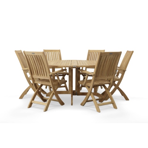 70850 Barbuda teak 7 piece Folding Dining Set of 6 folding armchairs and 60 inch round teak dining table angled view on white background