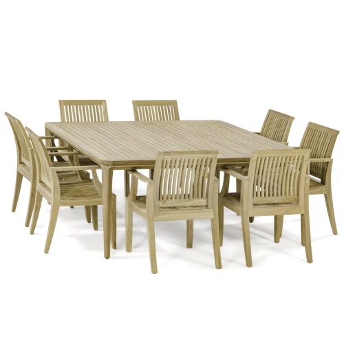 70867 Square Veranda Laguna 9 piece Dining Set of 8 teak dining armchairs and 6 foot square dining table angled view on white background