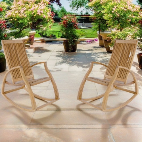70913 Aria Rocker Chat Set of 2 Aria Rockers on a stone patio showing potted flowering plants and green turf in the background