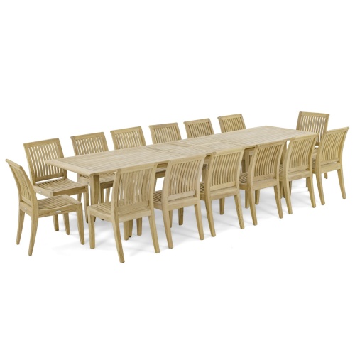 70917 Grand Laguna 15 piece teak Dining Set of 14 dining armchair and rectangular 11 foot extendable dining table side angled on white background