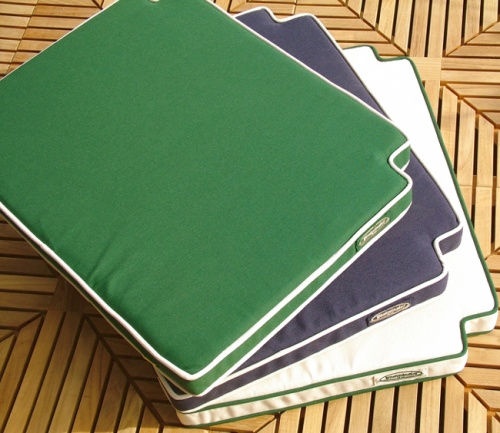71081LM Steamer seat cushion aerial view showing 3 seat cushions in green and blue and white color on white background