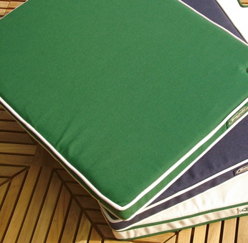 71810LM Dining Chair Seat Cushion showing closeup view of 3 cushions in green and blue and white color on teak table