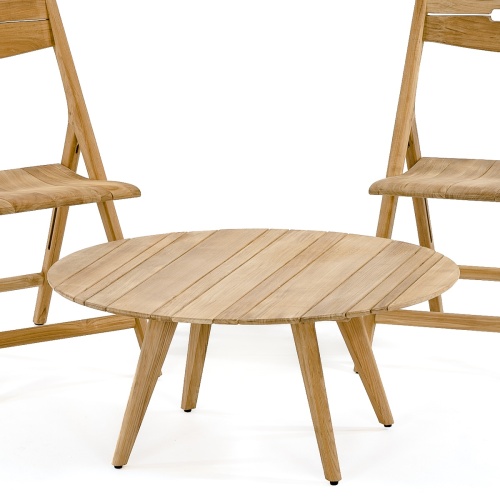 14917 Surf Teak Coffee Table angled view on white background with two surf folding chairs in background