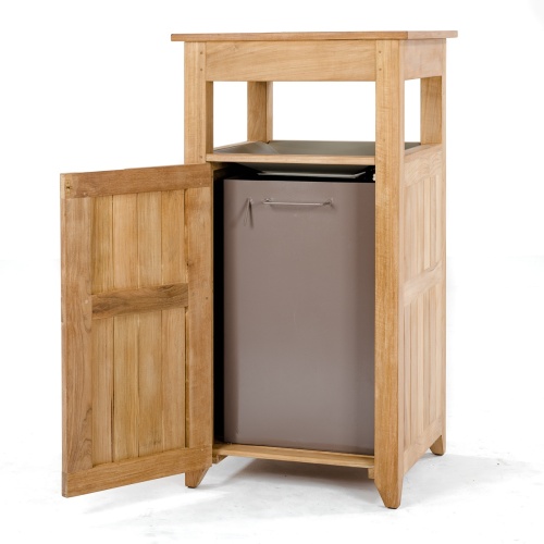 18167hm Palazzo Three teak Hamper trash can with optional trash receptacle open door on white background