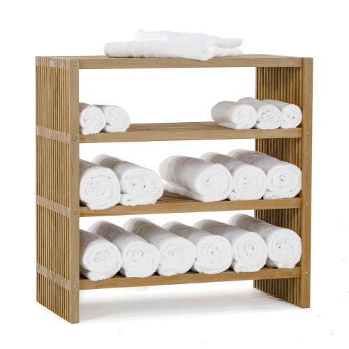 18220 Teak 31 and half inch Storage Shelf with towels rolled up on shelves on white background