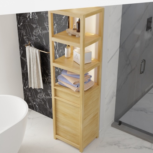 18815F Pacifica Linen Tower with Shelves and a Tilt Out Bin in angled aerial front view on bathroom tiled floor behind a soaking tub against a wall next to a shower in background