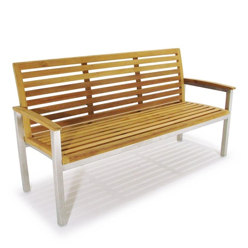 23200RF Vogue teak and stainless steel 5 foot bench refurbished angled on white background